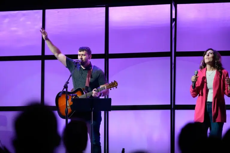 Southmont worship band members leading singing during the contemporary service