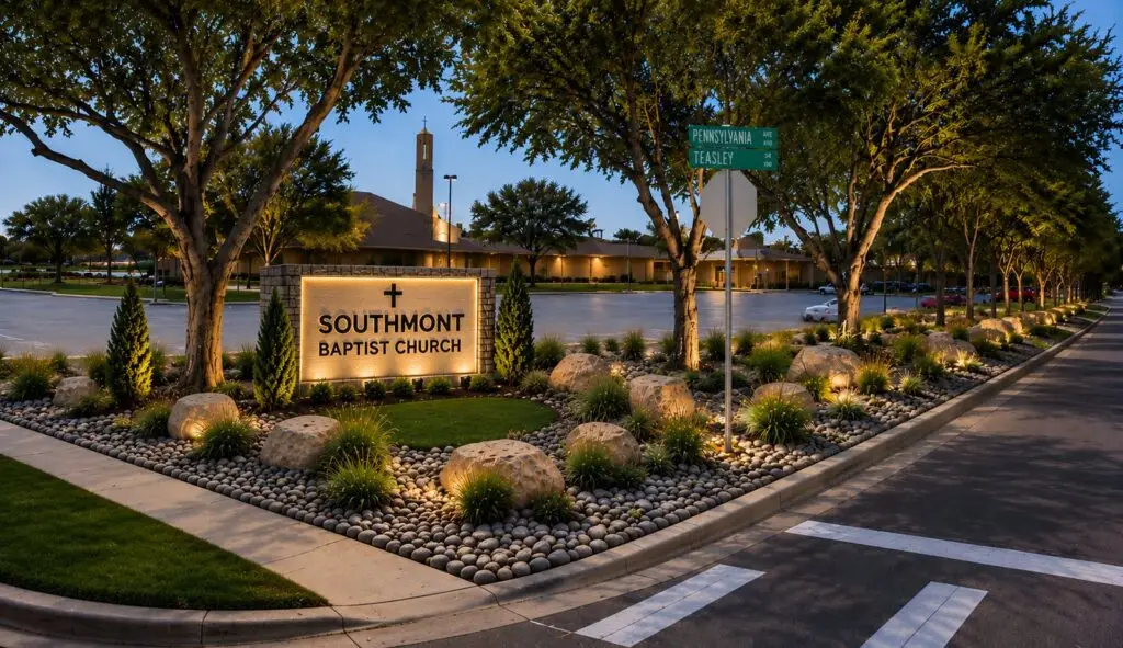 Road frontage, proposed: a lit stone monument sign at the corner