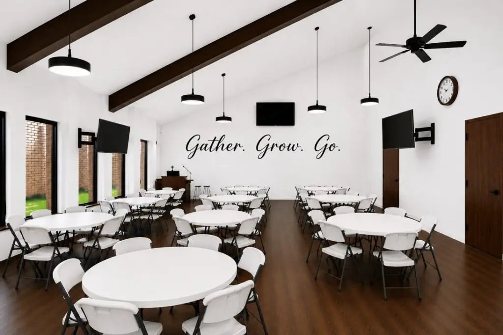 Fellowship hall, proposed: new lighting, flooring and flexible seating