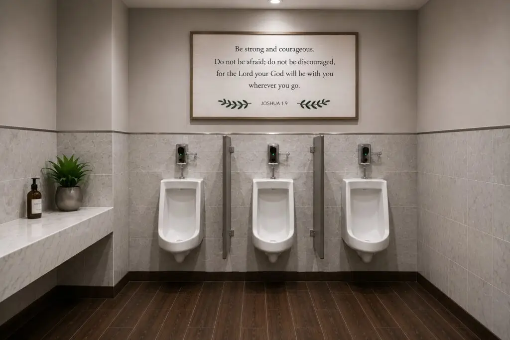 Restrooms, proposed: touch-free fixtures and fresh tile