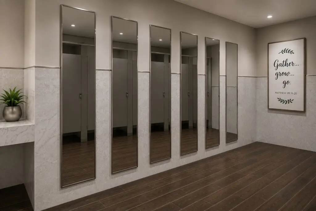 Restrooms, proposed: framed mirrors and full-height private stalls