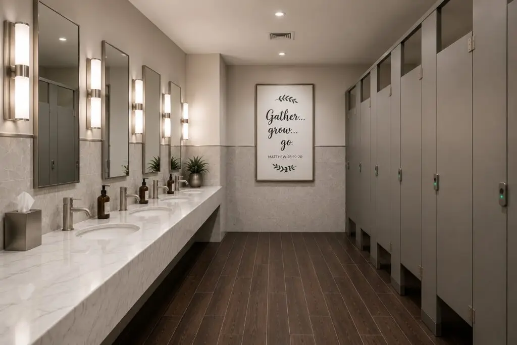 Restrooms, proposed: new quartz vanities and finishes